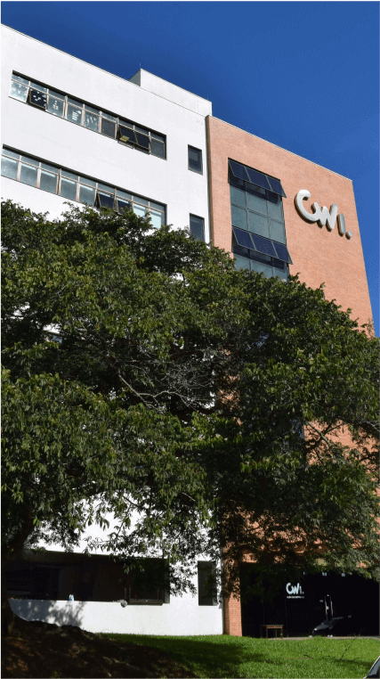 Photo of the new CWI headquarters, which appears behind a tree with the logo prominently at its top.