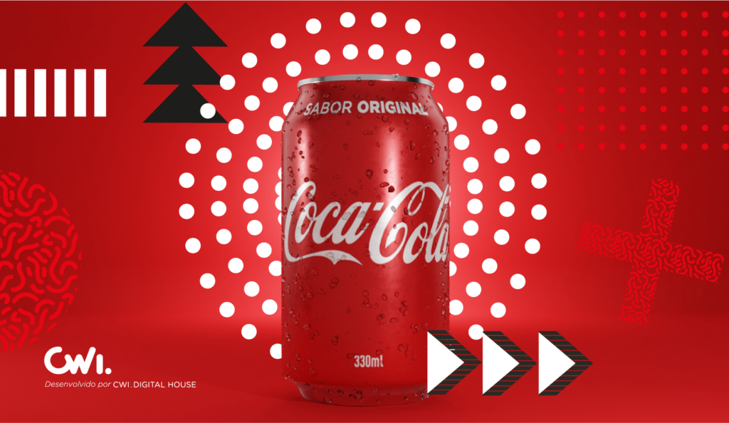 Imagem com fundo vermelho e desenhos gráficos (triângulos e pontos) em preto e branco. No centro da ilustração vemos uma lata de Coca-Cola com gotas de água escorrendo.