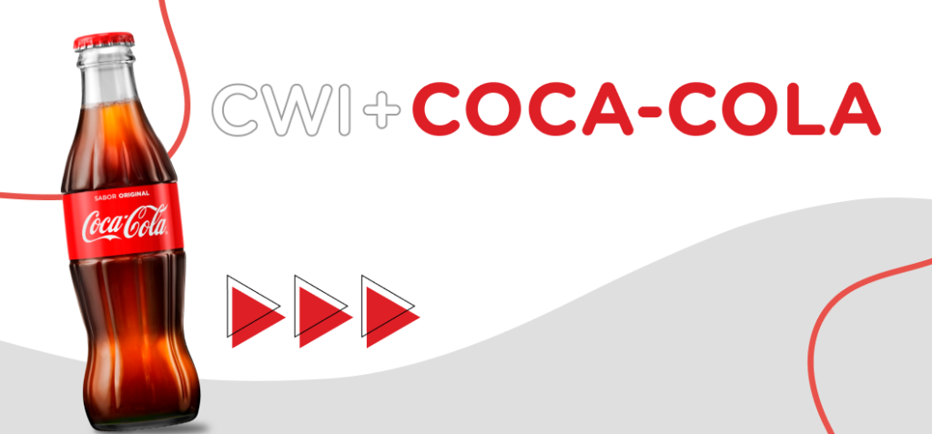 Ao lado de uma garrafinha de vidro da Coca-Cola, temos o título "CWI + Coca-Cola".
