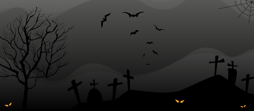Na imagem vemos um findo cinza com morcegos voando, cruzes de cemitério e uma árvore sem folhas. Ao redor dela existem olhos laranjas de morcegos. 