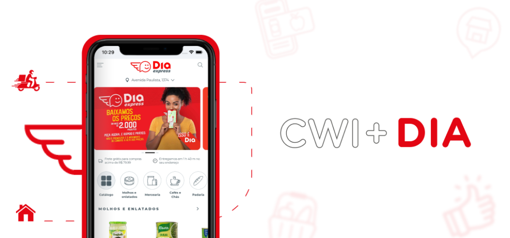 Ao lado do título "CWI + DIA", temos um celular em cuja tela aparece o aplicativo DIA Express.