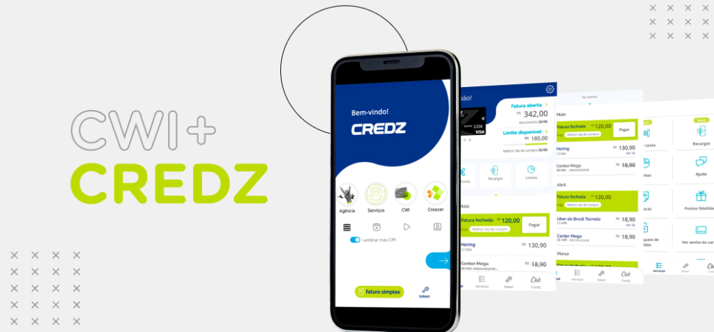 Junto ao título "CWI + Credz", temos um celular que exibe uma tela do aplicativo abordado no texto. Outras telas aparecem como exemplo atrás do celular.