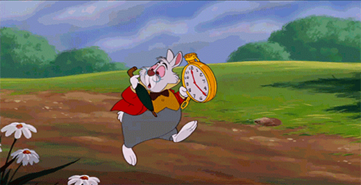 Desenho animado mostra um coelho segurando um relógio enquanto caminha.
