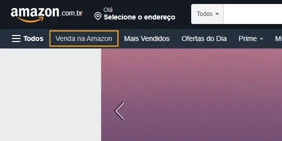 Recorte da tela inicial do site da Amazon Brasil, onde está destacado o foco visível que aparece quando navegamos por teclado, ele é um retangulo laranja e está sobre o link "Venda na Amazon"
