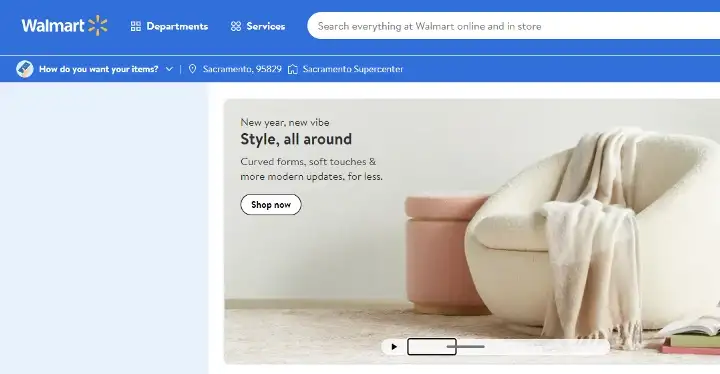 Recorte da tela inicial do site do Walmart, com destaque para o foco de navegação por teclado do elemento "slide"