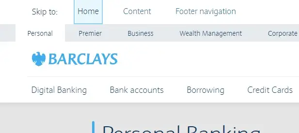 Recorte da tela inicial do site do banco Barclays, com destaque para o atalho de navegação por teclado que está sobre o item "home"?-?site em inglês