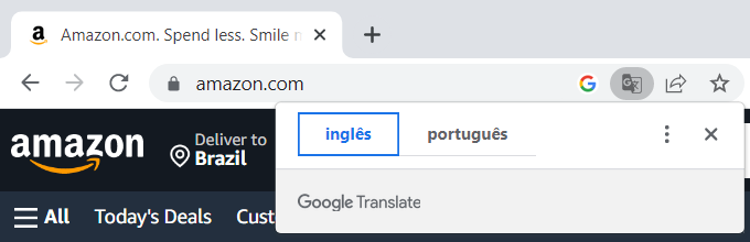 Navegador Chrome mostrando uma janela com opções de tradução de inglês para português. Atrás dessa janela está o site da Amazon, em inglês.