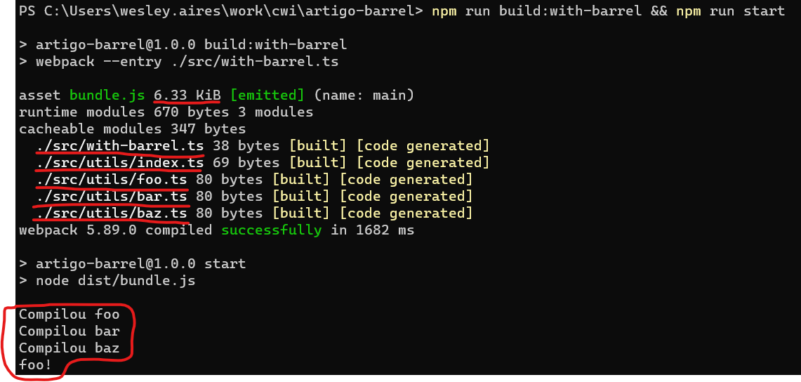 Screenshot da execução do comando "npm run build:with-barrel && npm run start". O output tamanho do bundle é de 6.33 KiB. Exibe que todos arquivos "foo.ts", "bar.ts" e "baz.ts" foram compilados.