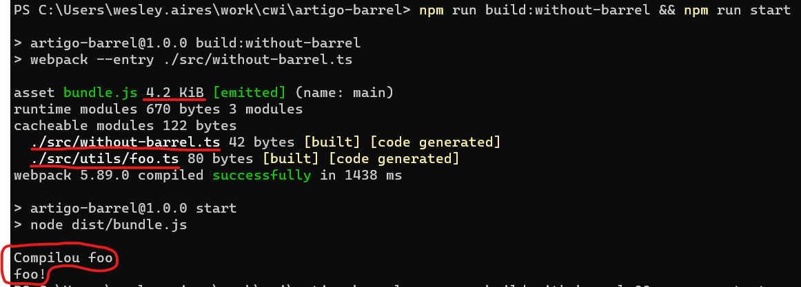 Screenshot da execução do comando "npm run build:without-barrel && npm run start". O output tamanho do bundle é de 4.2 KiB. Exibe que somente o arquivo "foo.ts" foi compilado.