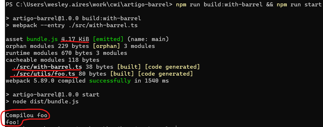 Screenshot da execução do comando "npm run build:without-barrel && npm run start". O output tamanho do bundle é de 4.17 KiB. Exibe que somente o arquivo "foo.ts" foi compilado.