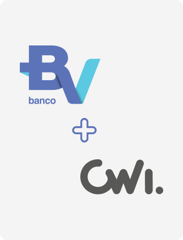 Logotipo do banco BV, um sinal de adição e o logotipo da CWI.