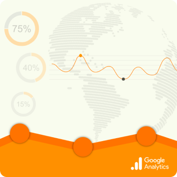 Ilustração de porcentagens e um globo, com o logotipo do Google Analytics abaixo.