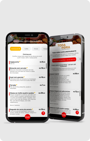 Two smartphones display an example of a digital menu, from the fictional restaurant Toda Hora.