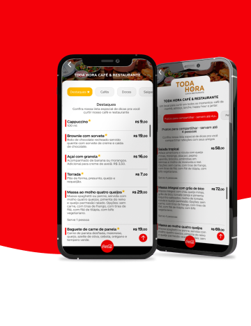 Dois celulares mostram a aplicação Kombo, da Coca-Cola, sobre um fundo vermelho.