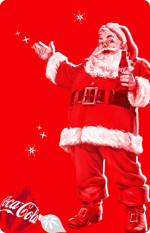Illustration of a Santa Claus with a bottle of Coca-Cola on a red background.