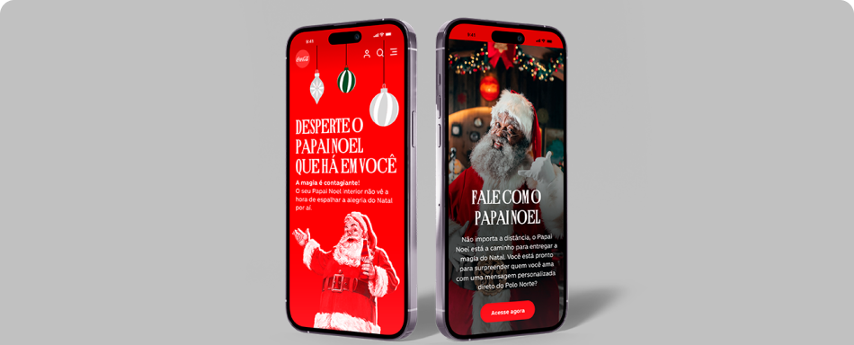 Dois smartphones exibem seções diferentes do site de Natal da Coca-Cola.