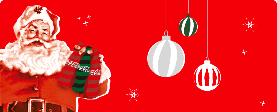 Illustration of Santa Claus holding three bottles of Coca-Cola, on a red background decorated with Christmas balls and stars.
