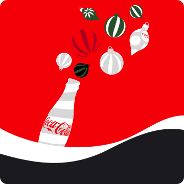 Ilustração de uma garrafa de Coca-Cola e de bolinhas de Natal coloridas, sobre um fundo vermelho.