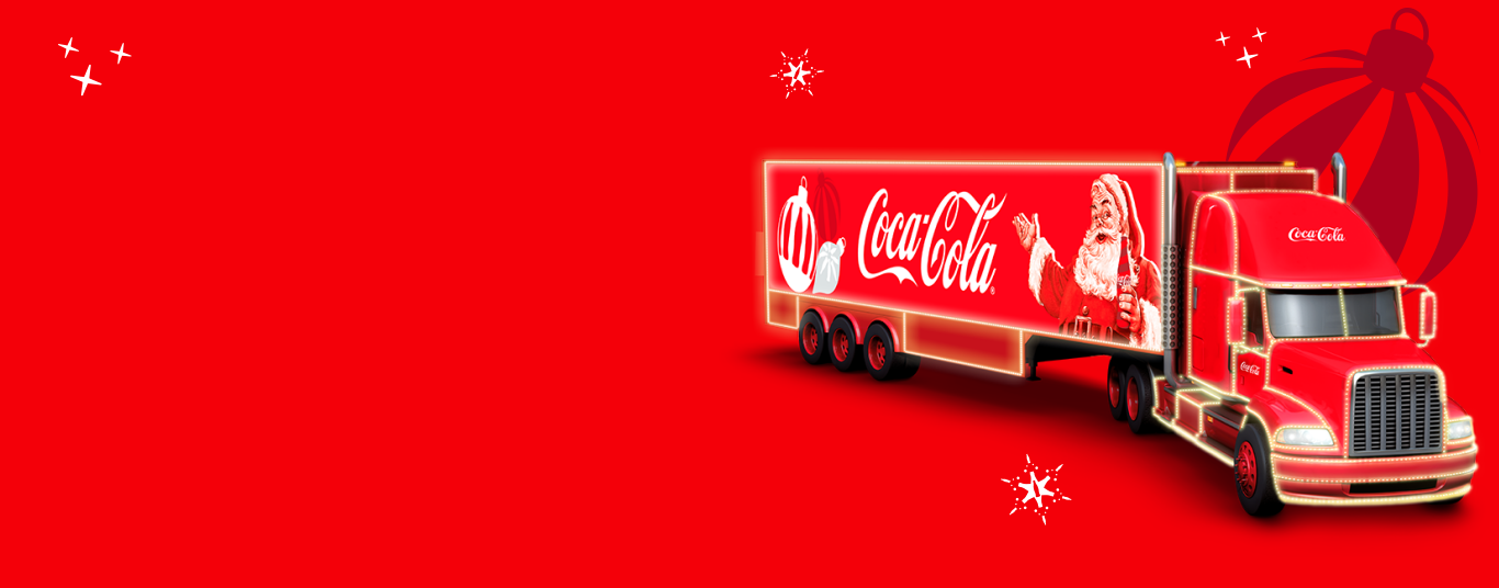 Caminhão da Coca-Cola, decorado para o Natal, sobre um fundo vermelho.