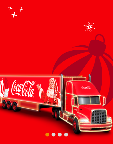 Caminhão da Coca-Cola, decorado para o Natal, sobre um fundo vermelho.