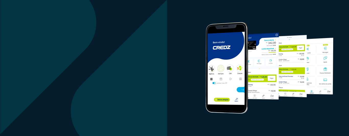 Um smartphone à frente, exibindo a página inicial de aplicação da Credz. Atrás, outras três telas.