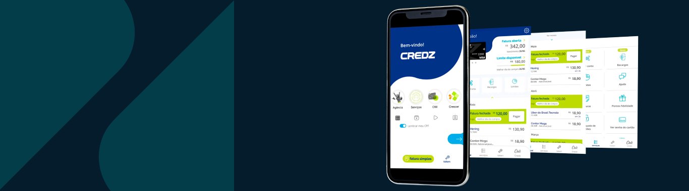 Um smartphone à frente, exibindo a página inicial de aplicação da Credz. Atrás, outras três telas.