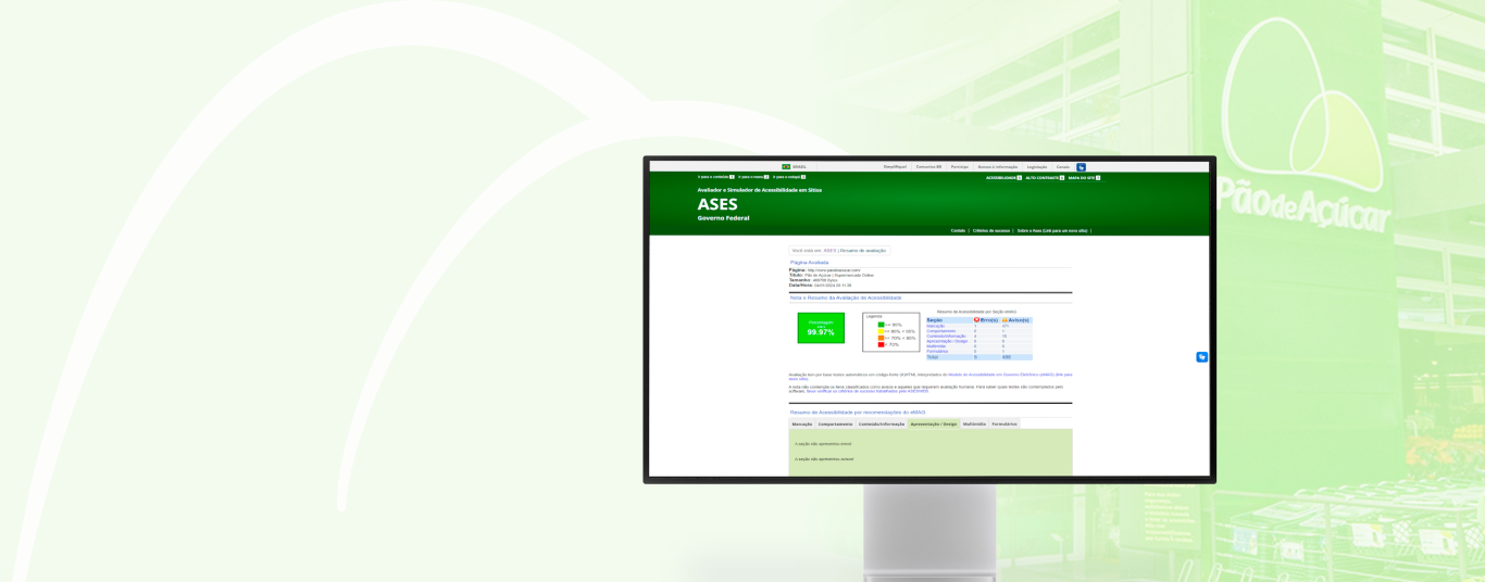 On a background with the Pão de Açúcar logo, a monitor displays the ASES system, with a 99.99% accessibility index.