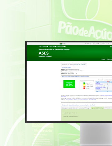 Sobre um fundo com o logotipo do Pão de Açúcar, um monitor exibe o sistema ASES, com índice 99,99% de acessibilidade.
