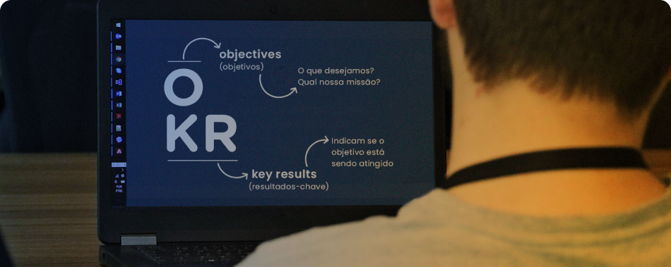 Sigla OKR na tela de um notebook. Da letra O, saem as palavras objectives/objetivos e as perguntas 
