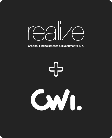 Logotipo da Realize, um sinal de adição e o logotipo da CWI.