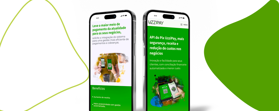 Dois smartphones exibem telas do site da Uzzipay.