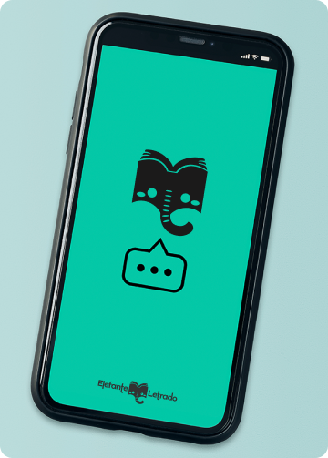A smartphone displays the Elefante Letrado logo against a green background.