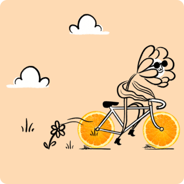 Sobre um fundo na cor laranja há a ilustração gráfica de uma flor sobre uma bicicleta. As rodas da bicicleta são rodelas de laranjas.