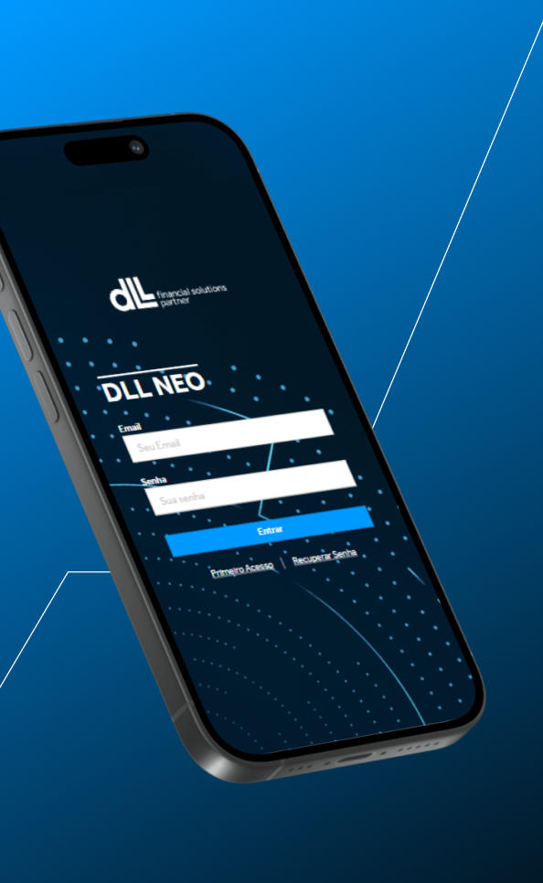 Sobre um fundo azul-escuro, um celular apresenta a tela inicial do DLL NEO.