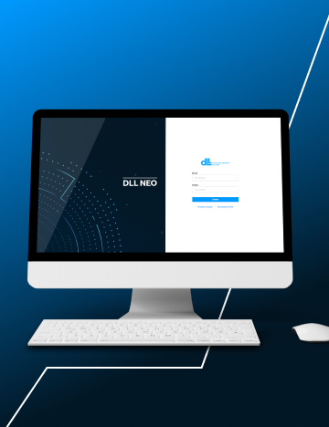 Against a dark blue background, a computer displays the home screen of DLL NEO.