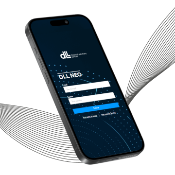 Sobre um fundo branco, um celular apresenta a tela inicial do DLL NEO.