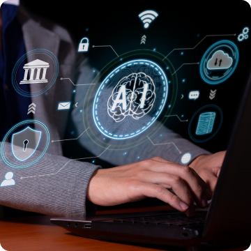 Cutout of a man's hands working on a notebook, with AI symbols added on top.