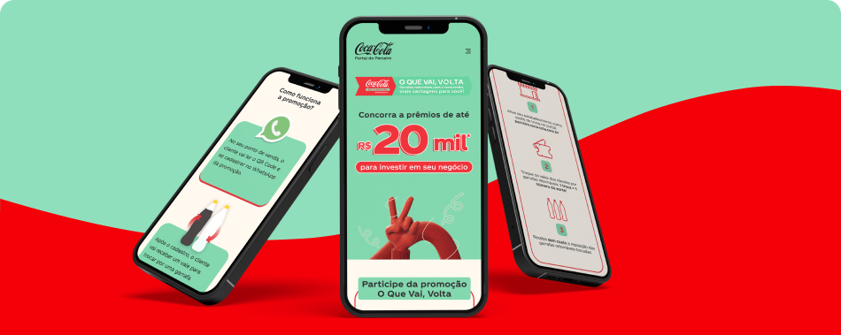 Sobre um fundo na cor verde com vermelho há a ilustração gráfica de três smartphones exibindo as telas da promoção.