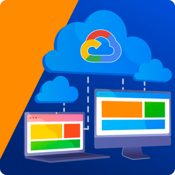 Ilustração de dois monitores e uma nuvem com o logotipo da Google Cloud Platform.