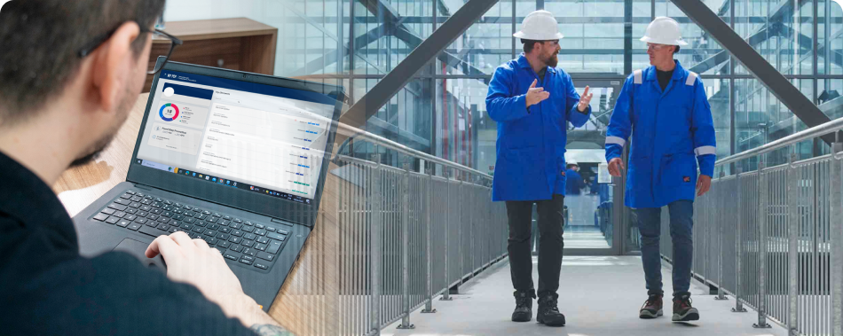 On the left, a man views an SLB application on a notebook and, on the right, two men wearing blue lab coats and white helmets.