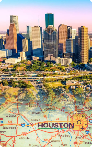 A photo of Houston buildings and streets and, below, a piece of the map of the area.