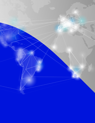 A piece of the blue symbol from the SLB logo appears over a world map with several illuminated dots.