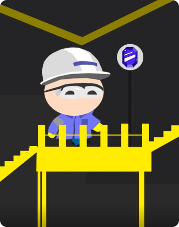 Illustration of SLB employee, wearing blue overalls, safety glasses and a white helmet.