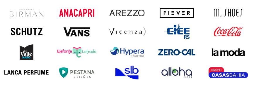 Logotipos de marcas que a CWI já atendeu com Design e Engenharia de Software: Alexandre Birman, Anacapri, Arezzo, Fiever, My Shoes, Schutz, Vans, Vicenza, CIEE-RS, Coca-Cola, Del Valle Kapo, Elefante Letrado, Hypera Pharma, Zero-Cal, La Moda, Lança Perfume, Pestana Leilões, SLB, Alloha Fibra e Grupo Casas Bahia.