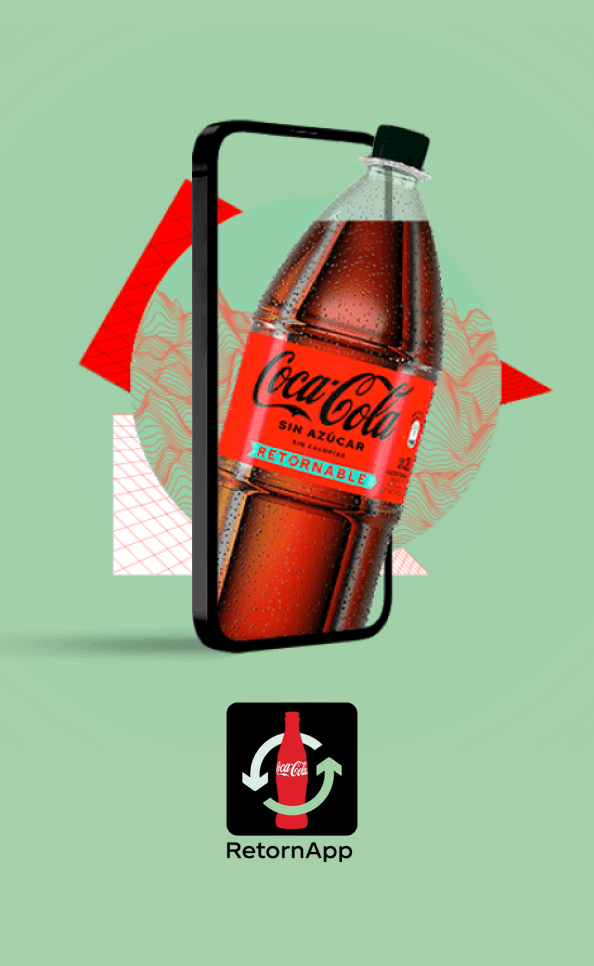 Sobre um fundo verde, estão duas garrafas de Coca-Cola. O logo do RetornApp está abaixo.