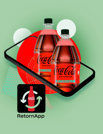 Sobre um fundo verde, estão duas garrafas de Coca-Cola. O logo do RetornApp está do lado esquerdo.