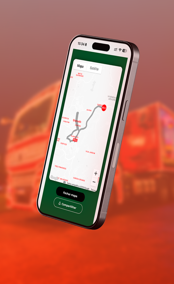 Tela de smartphone com um mapa que sinaliza o trajeto da caravana de Natal da Coca-Cola.