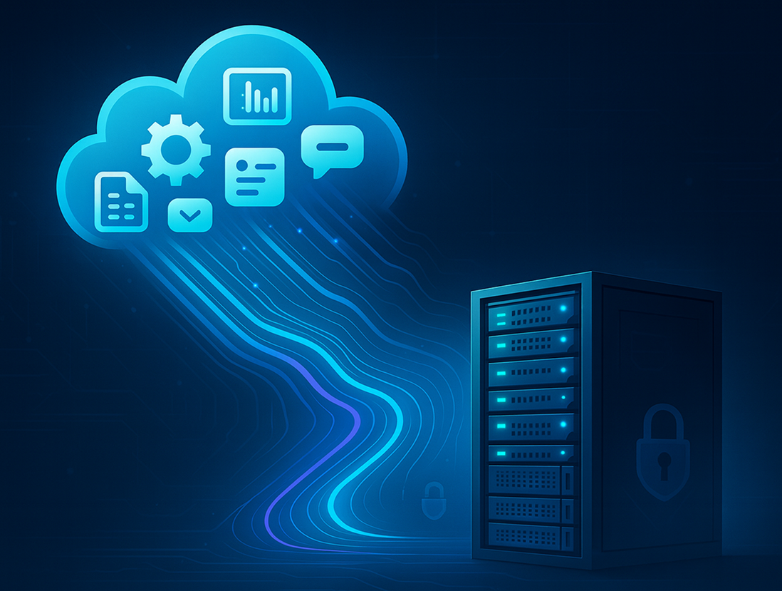 Ilustração de servidor físico e de cloud.