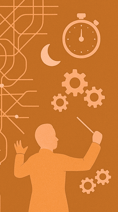 Ilustrações de maestro, relógio, lua e engrenagens.