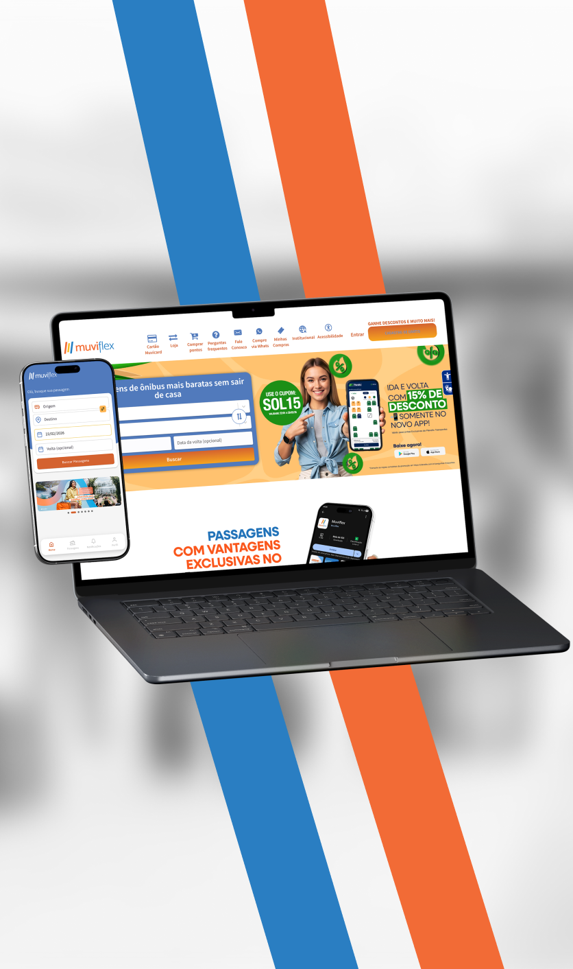 A imagem apresenta um laptop cinza aberto e um smartphone à sua esquerda, ambos flutuando sobre um fundo cinza claro com duas grandes faixas diagonais nas cores azul e laranja. As telas exibem o site e o aplicativo da Muviflex, uma plataforma de passagens de ônibus, destacando campos de busca para origem e destino, além de um banner promocional central com uma mulher sorridente segurando um celular e o cupom de desconto 